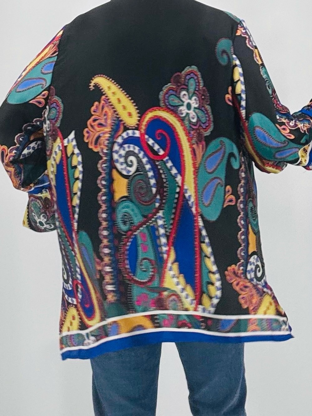 Vintage Y2K Artsy Boho Paisley Abstract Print Satin Rhinestone Tunic Top Size 1X - Picture 5 of 13